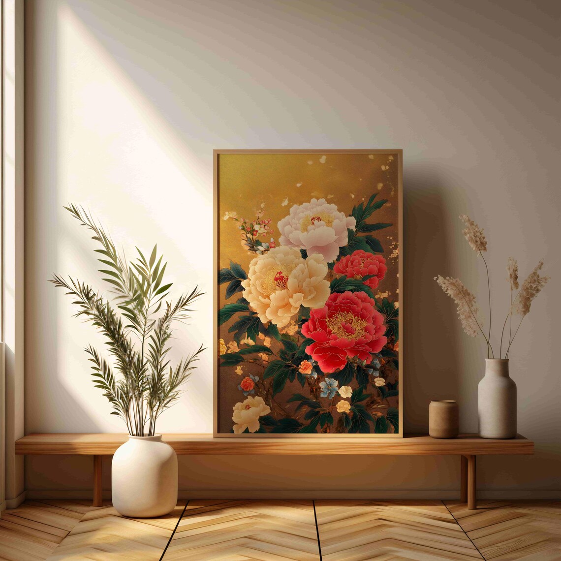 Japanese Style Peony Flowers On Golden Background Elegant Art Print - Image 3