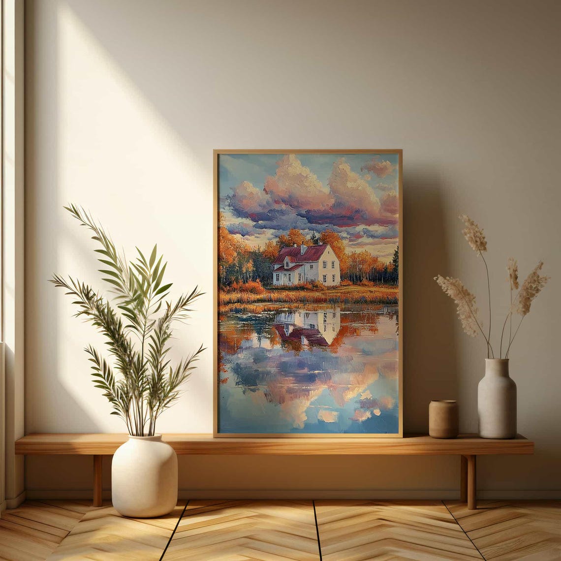 White Lakeside House with Red Roof Autumn Reflection Painting Poster - Image 3