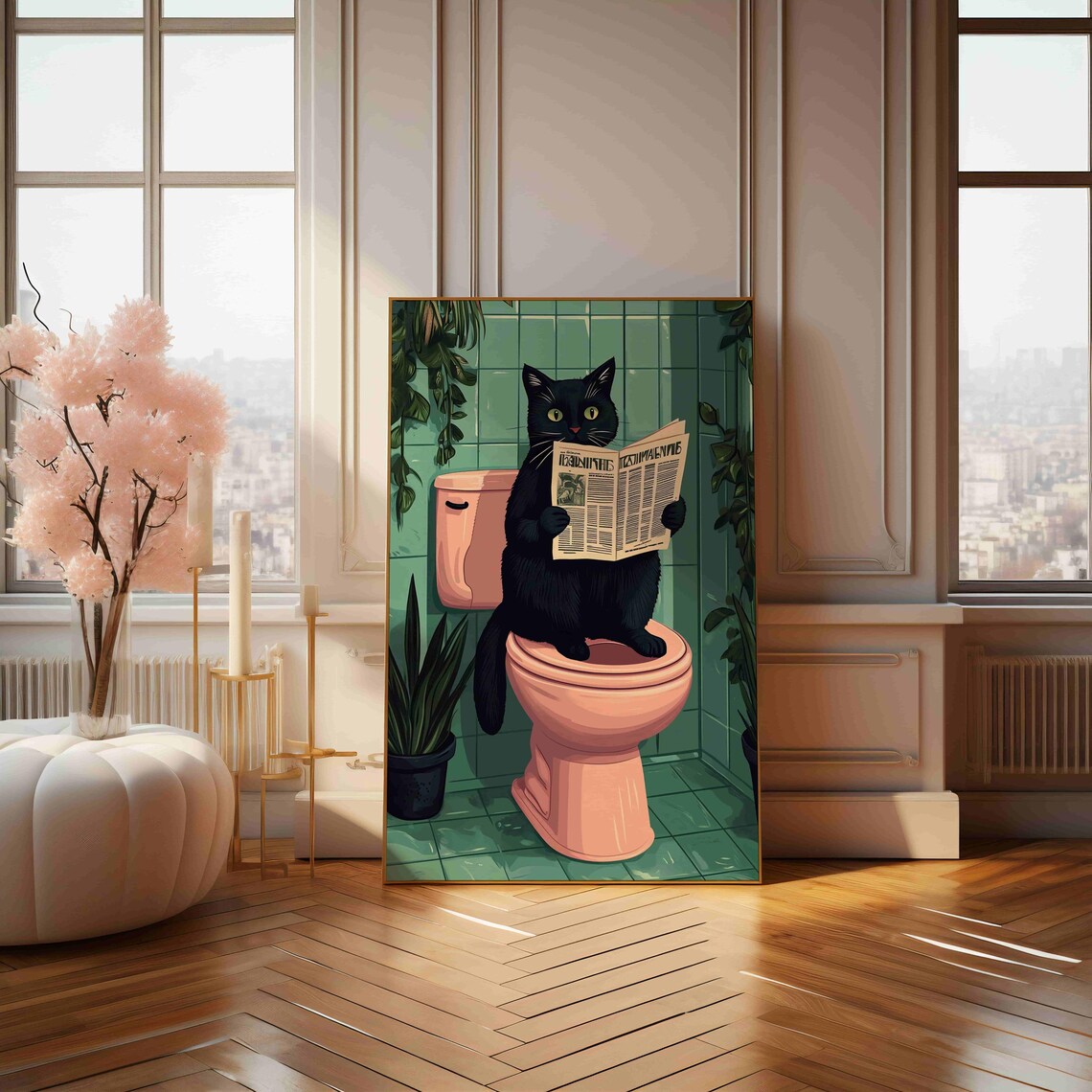 Funny Black Cat Reading Newspaper On Pink Toilet Humor Art Poster - Image 4