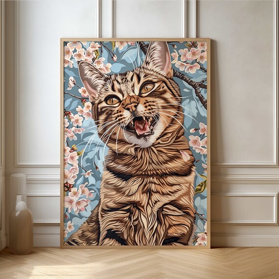 Playful Tabby Cat With Cherry Blossom Background Illustration Poster