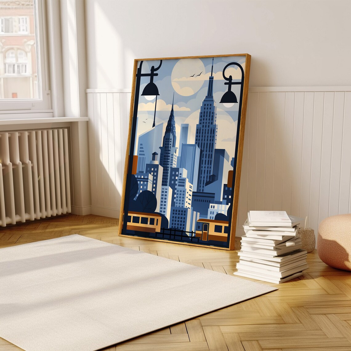 New York Skyline With Streetcar and Moon in Blue and Grey Poster - Image 5
