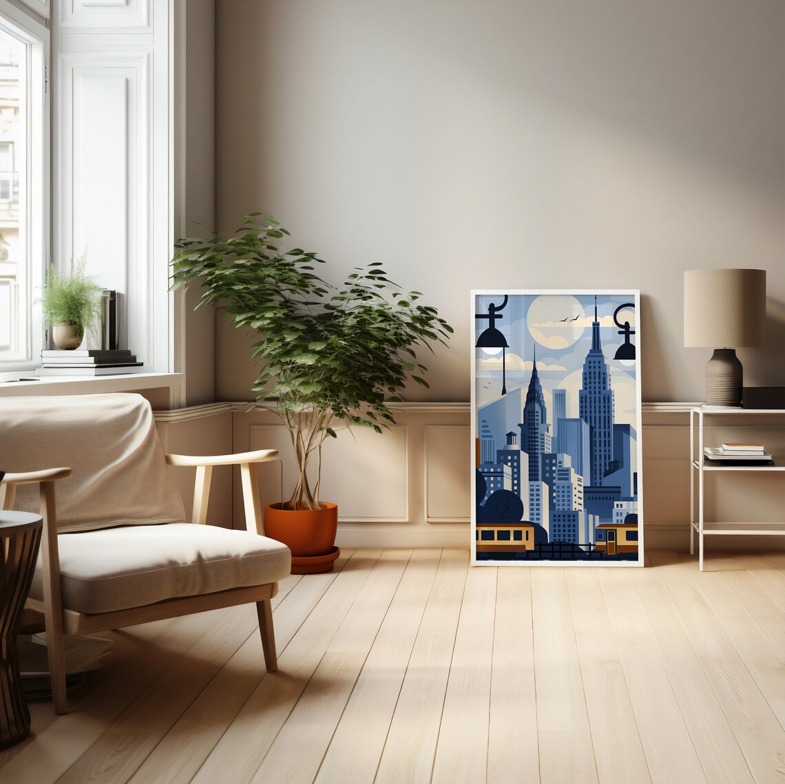 New York Skyline With Streetcar and Moon in Blue and Grey Poster - Image 4