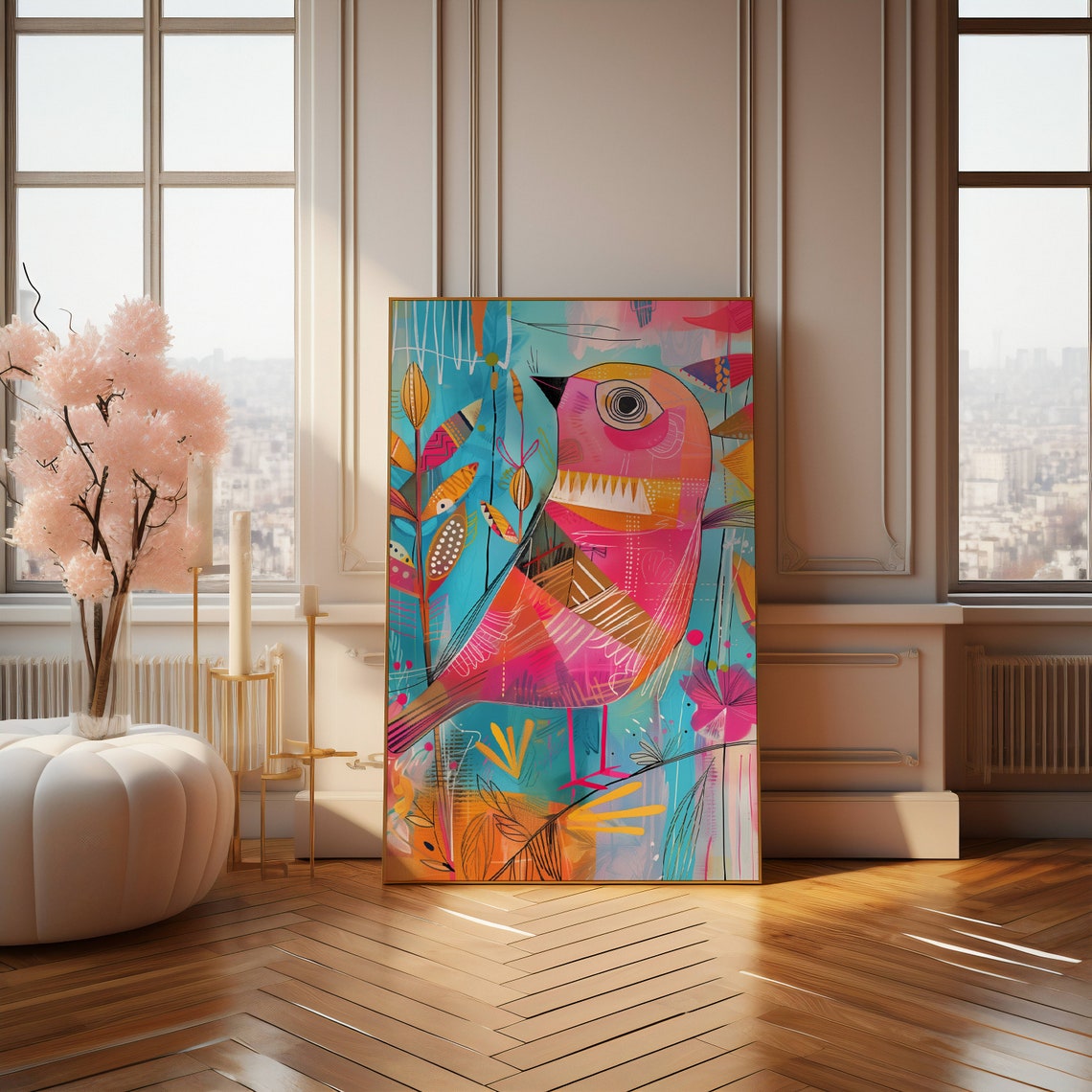 Playful Pink Bird Abstract Art Whimsical Colorful Modern Poster - Image 4