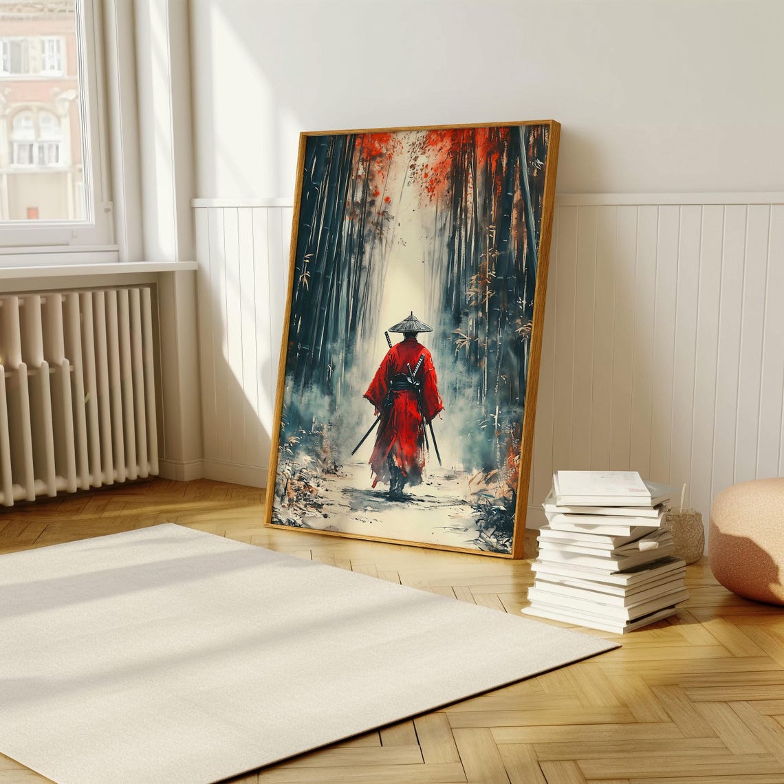 Samurai In The Bamboo Forest Dynamic Asian Art Print Bold Red Robe And Serene Nature Poster For Minimalist Decor - Image 5
