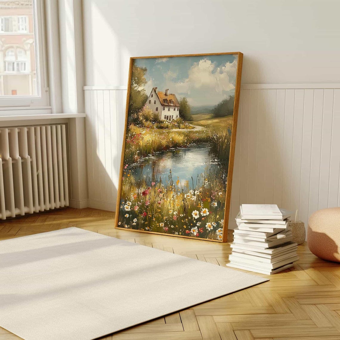 White Cottage by a Pond With Wildflowers Impressionist Poster - Image 5
