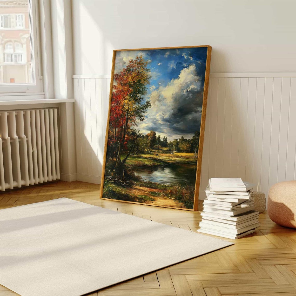 Peaceful Autumn Meadow with Pond and Dramatic Clouds Painting Poster - Image 5