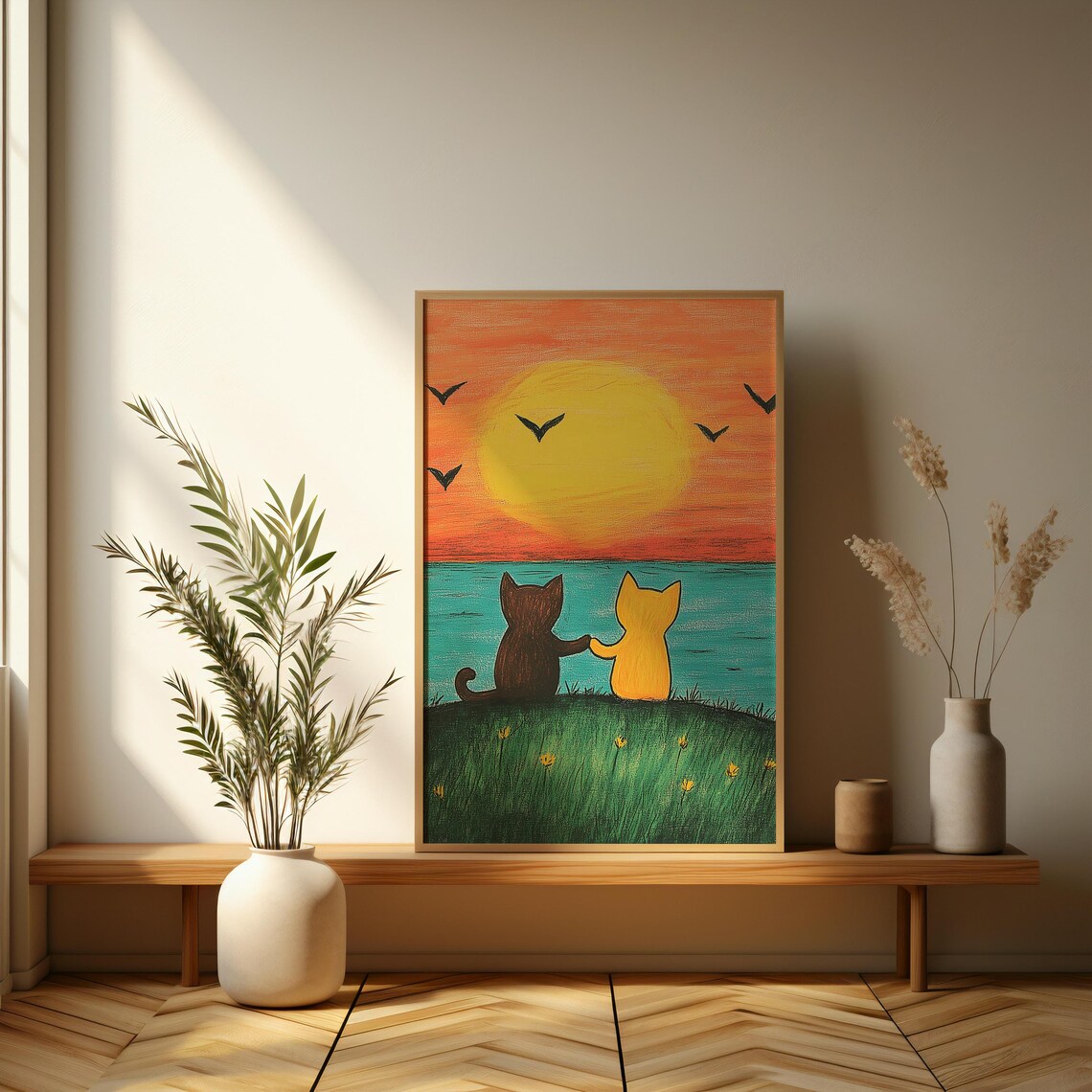 Two Cartoon Cats Watching Sunset By The Sea Naive Art Poster - Image 3