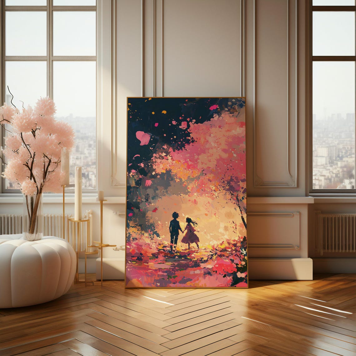 Lovers Walking Under Cherry Blossoms Romantic Sunset Art Poster - Image 4