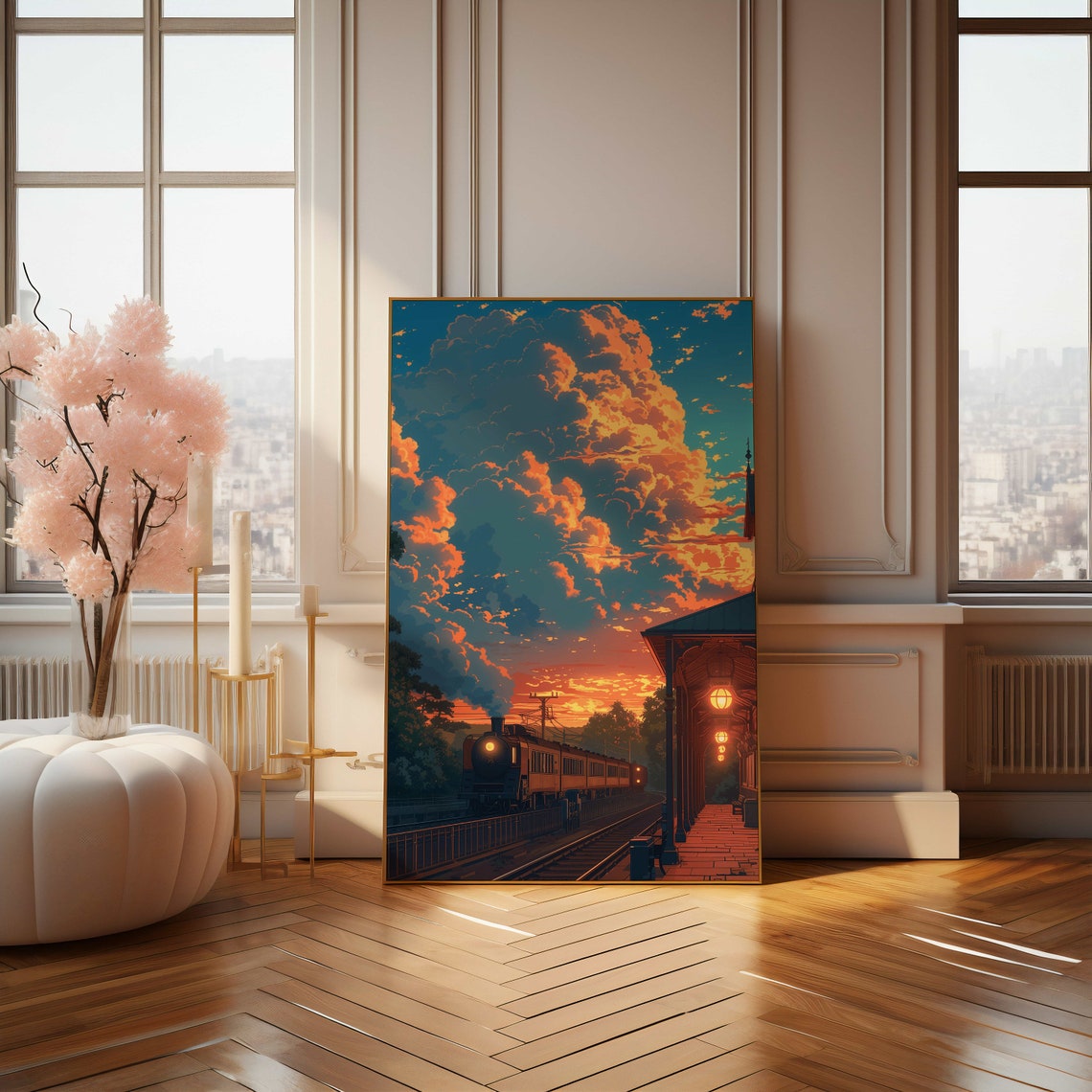 Steam Train Rolling Into a Fiery Orange Sunset Station Poster - Image 4