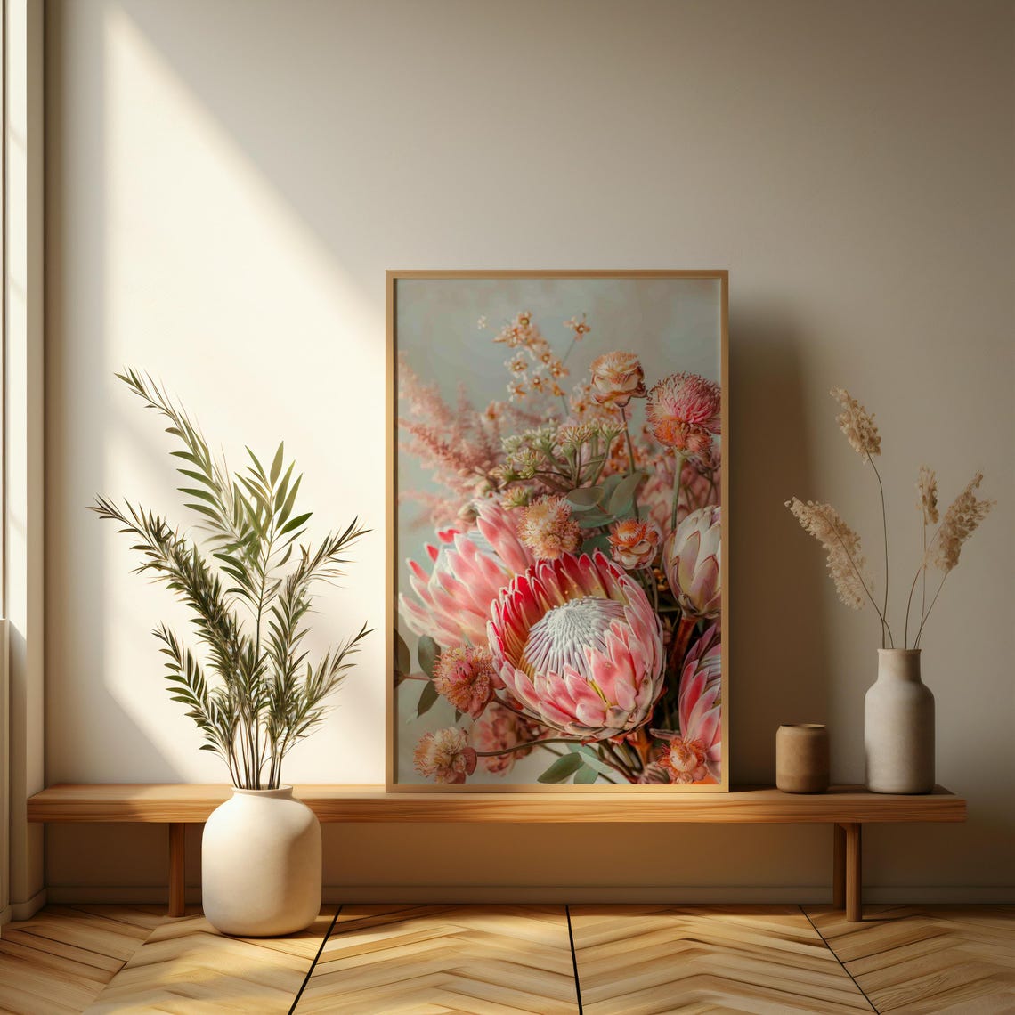 Dreamy Blushing Pink Protea Bouquet Exotic Botanical Art Print - Image 3
