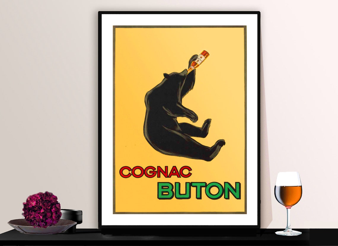 Cognac Buton Bold Black Bear Drinking Bottle Yellow Ad Poster