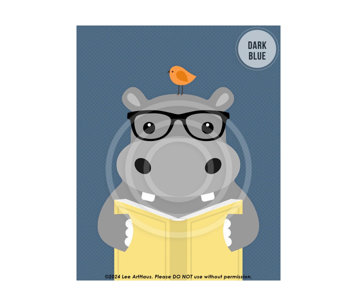 Cute Hippo Reading Book With Glasses Yellow Zoo Animal Nursery Kids Poster - Image 8