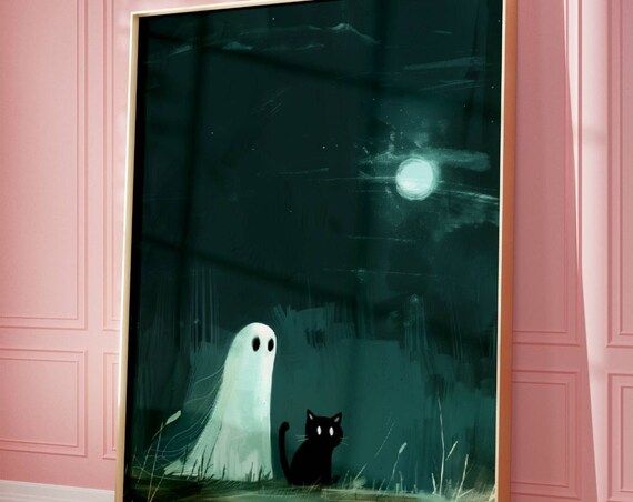 Ghost And Black Cat On A Hill Under The Full Moon Night Poster