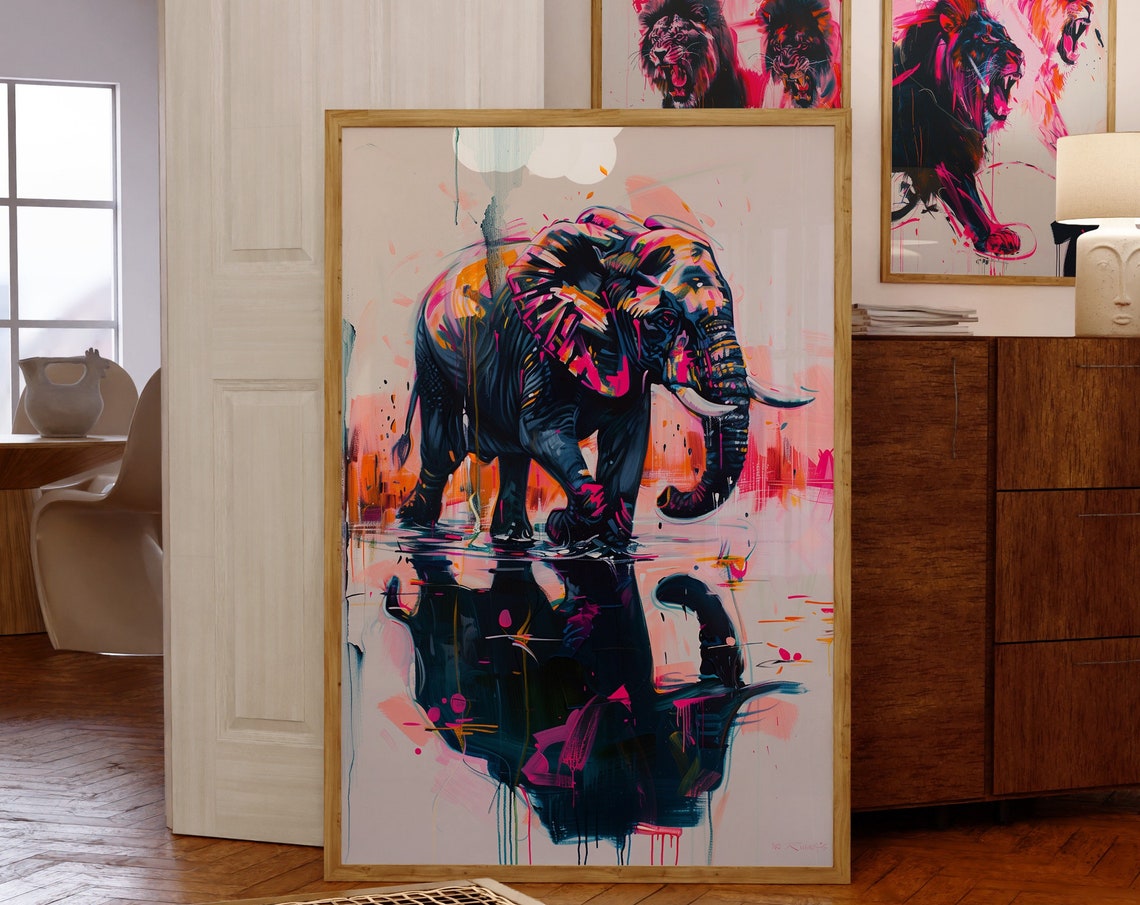 Abstract Elephant Wading in Water Pink Teal Splash Art Poster