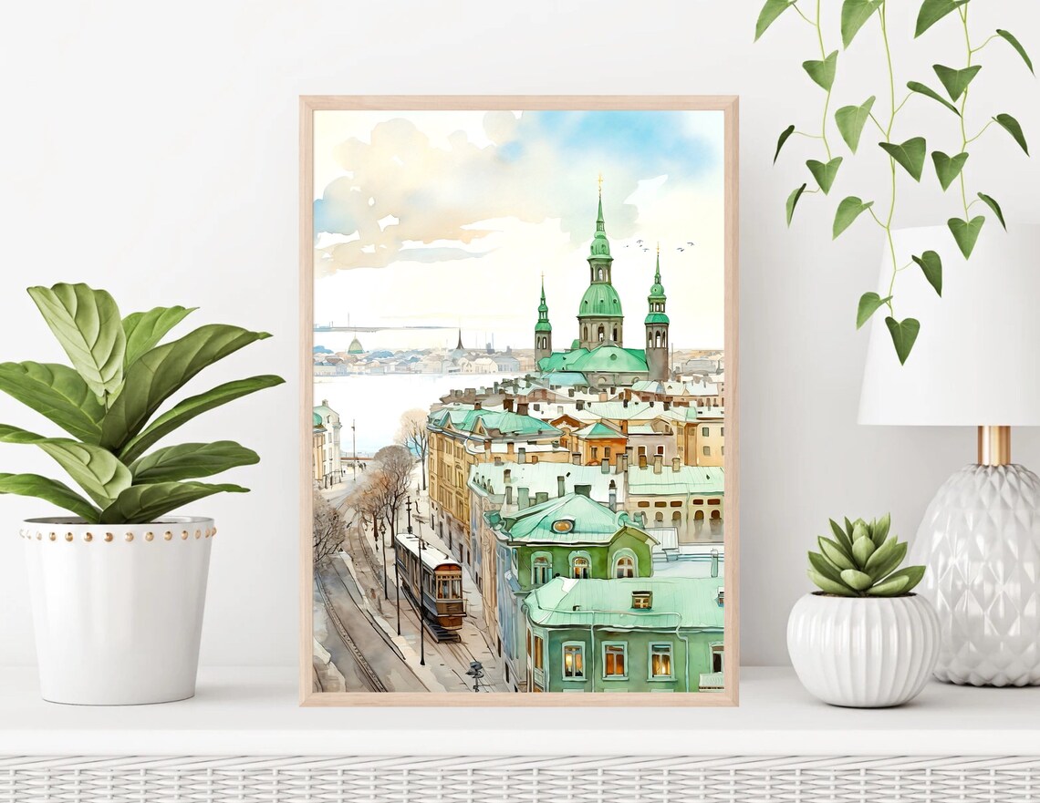Helsinki Finland Harbor City Green Domes Tram Watercolor Poster - Image 4
