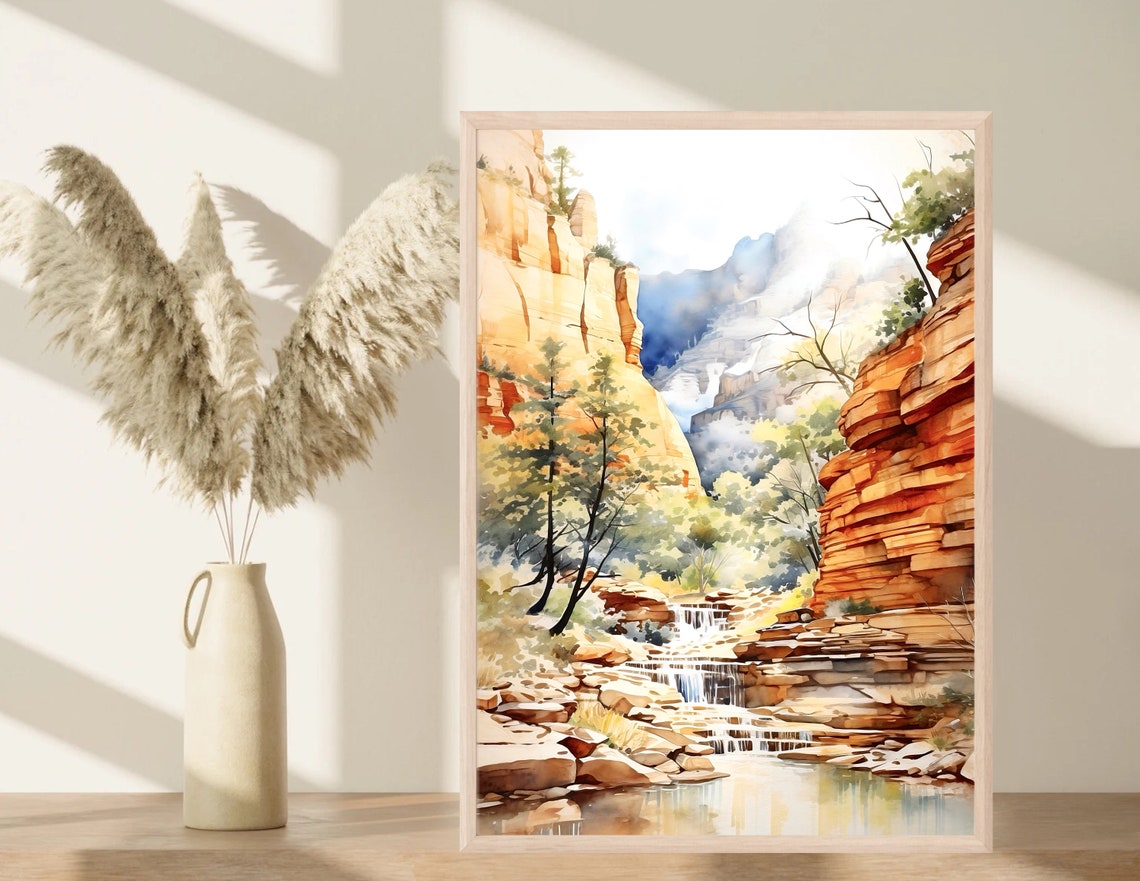 Zion Canyon Red Sandstone Cliffs and Waterfall Watercolor Poster - Image 4