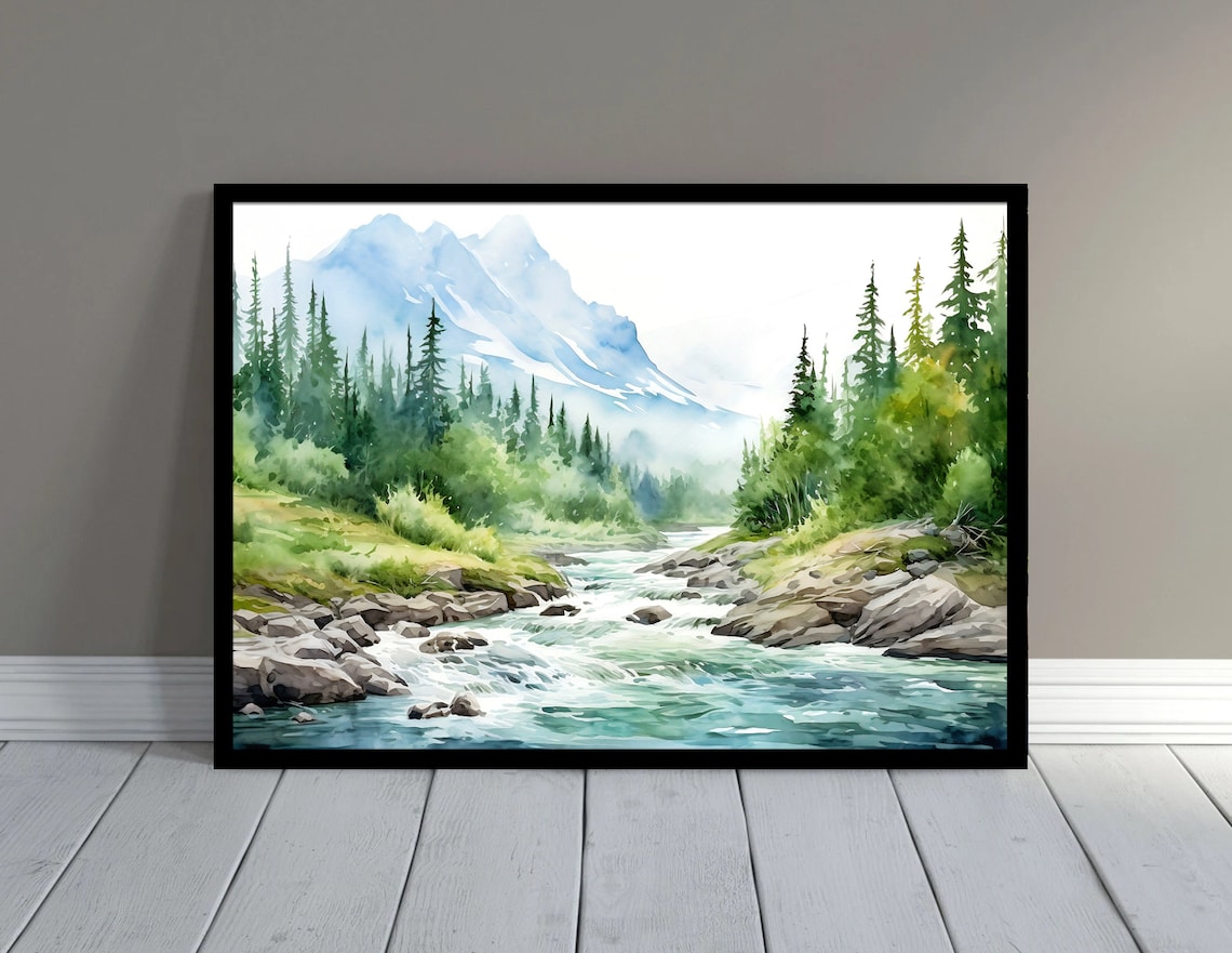 Mountain River Watercolor Landscape, Minimalist Wall Art - Image 4