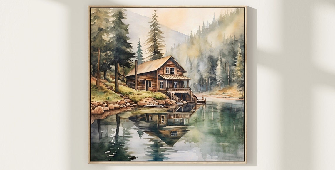 Log Cabin On Mountain Lake Reflection Pine Forest Watercolor Poster