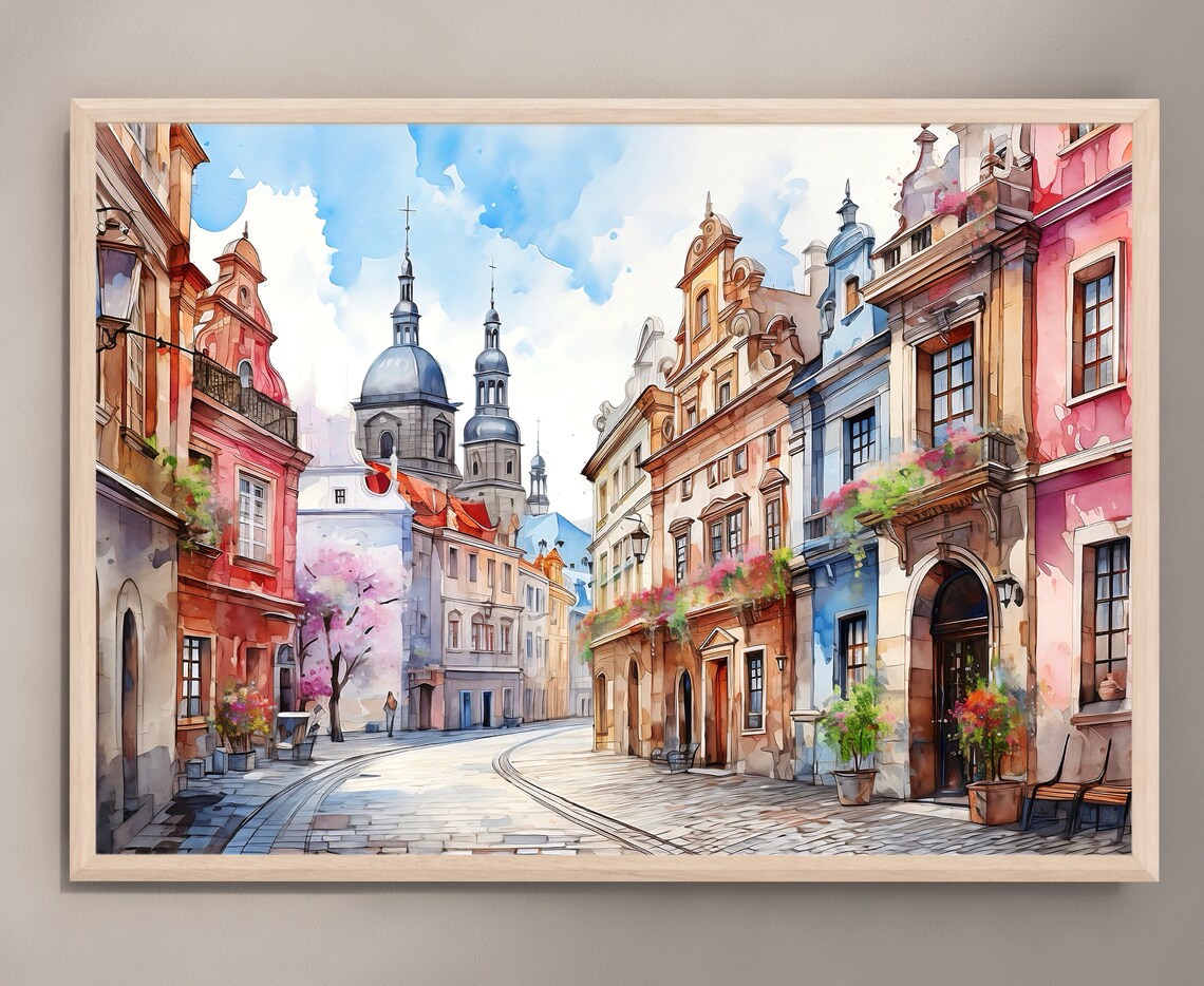 Prague Old Town Colorful Street Watercolor Travel Art Poster - Image 3