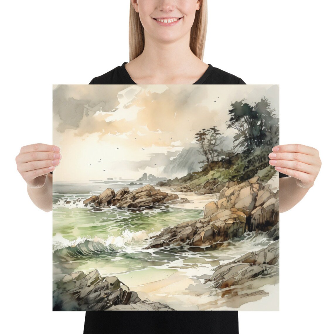 Rocky Ocean Coast Green Waves Crashing Watercolor Seascape Poster - Image 5