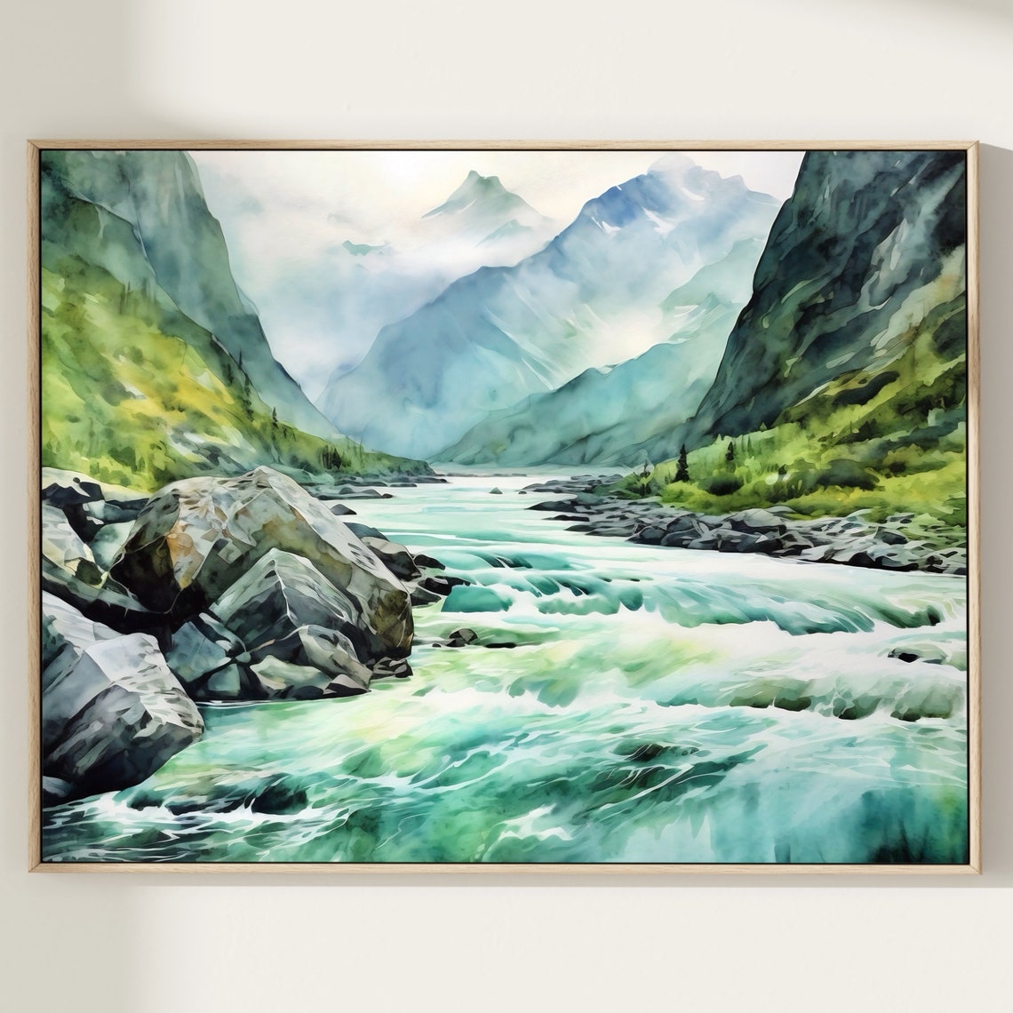 Mountain River Watercolor Painting Art Print