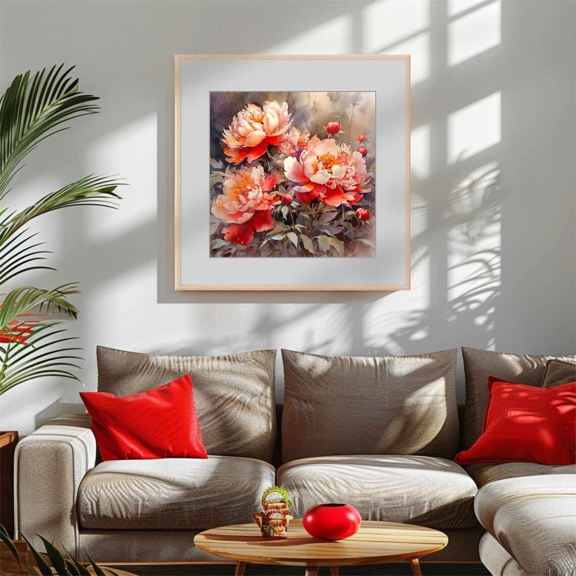 Vivid Coral Red Peonies Bloom Watercolor Floral Portrait Poster - Image 3