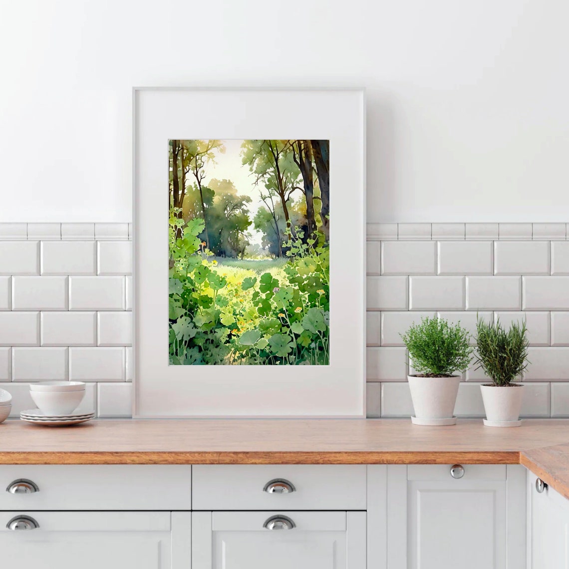 Green Meadow Clearing Sunlit Forest Trees Nature Watercolor Poster - Image 4