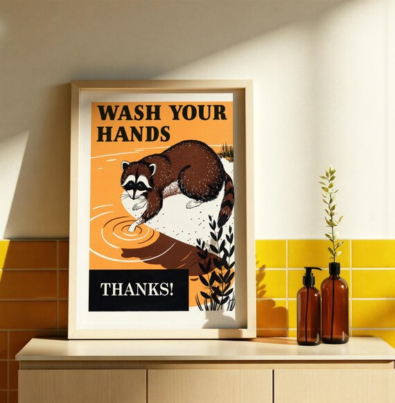 Raccoon Wash Your Hands Thanks Funny Animal Retro Bathroom Poster