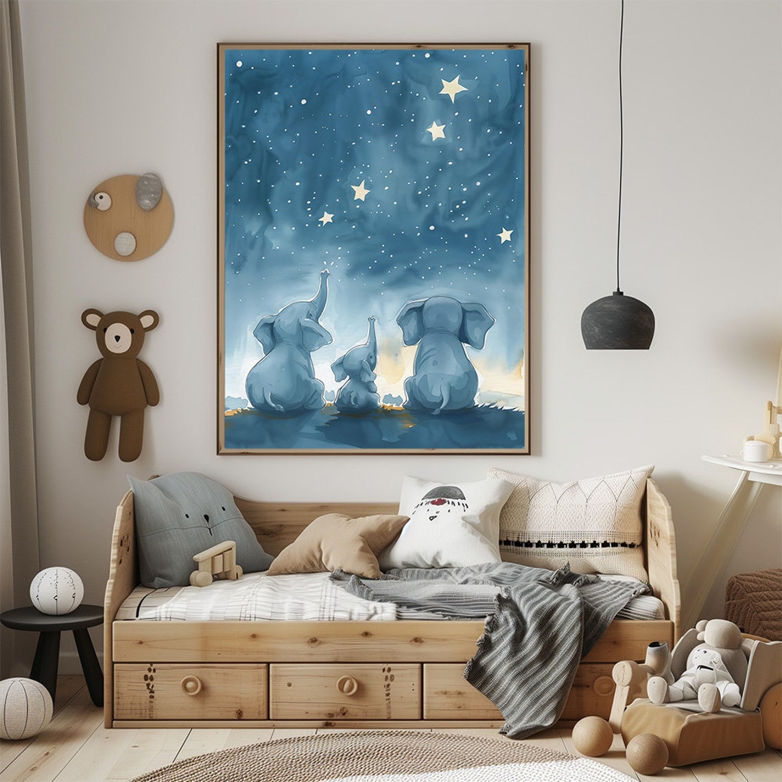 Elephant Family Starry Night Sky Nursery Watercolor Wall Art - Image 3