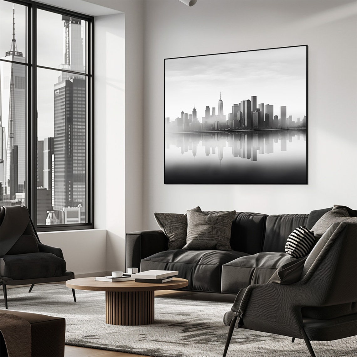Black and White City Skyline Reflection Modern Abstract Poster - Image 3