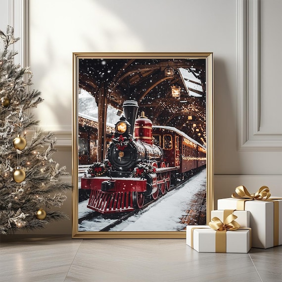 Vintage Christmas Steam Train Snowy Station Holiday Art Poster