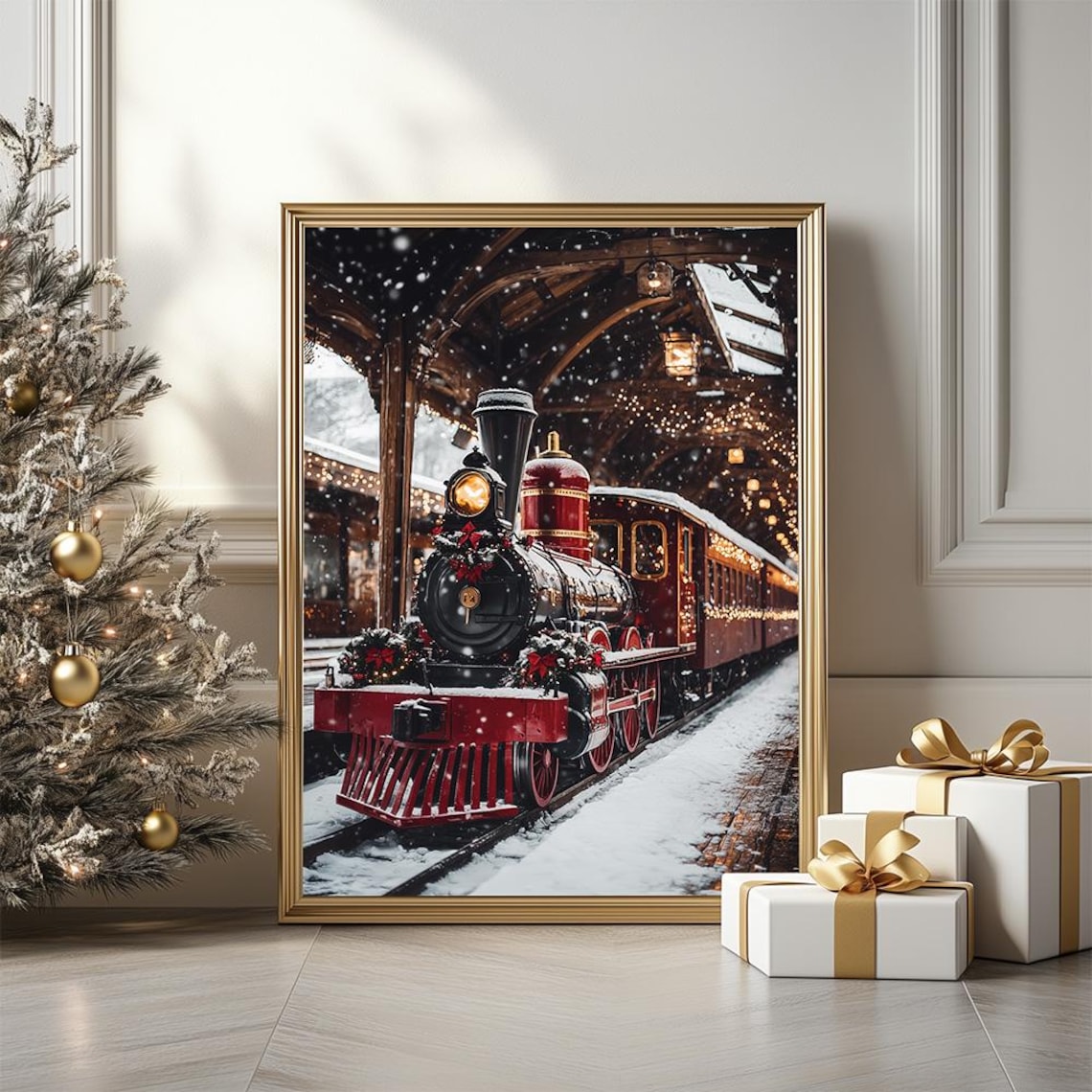 Vintage Christmas Steam Train Snowy Station Holiday Art Poster
