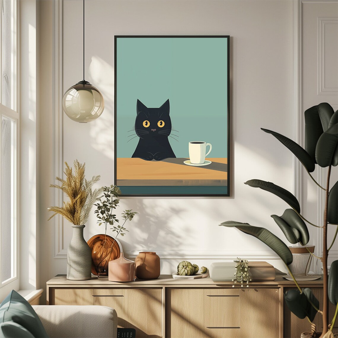 Black Cat With Coffee Cup Kitchen Poster Perfect Cat Lover Kitchen Decor Cute Animal Minimal Illustration Kitchen Print - Image 3