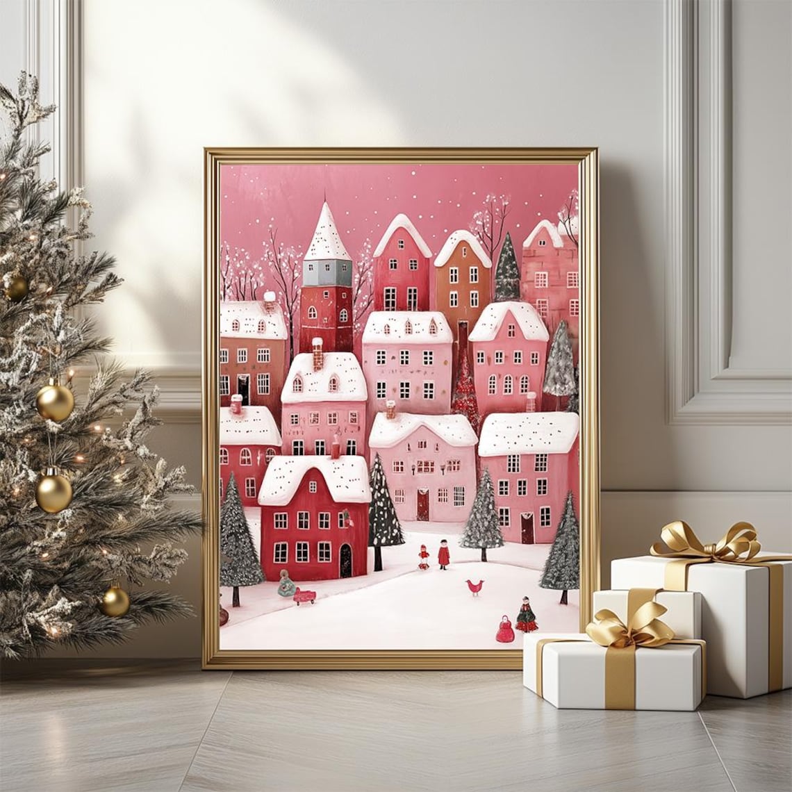 Pink Christmas Village Snowy Houses Nordic Illustration Poster