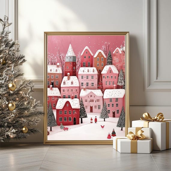 Pink Christmas Village Art Poster Snowy Nordic Festive Town Illustration Modern Christmas Card Nursery Winter Decor