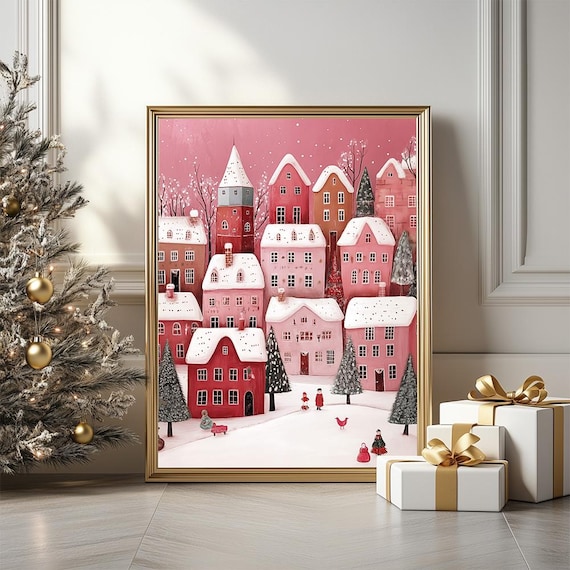 Pink Christmas Village Snowy Houses Nordic Illustration Poster