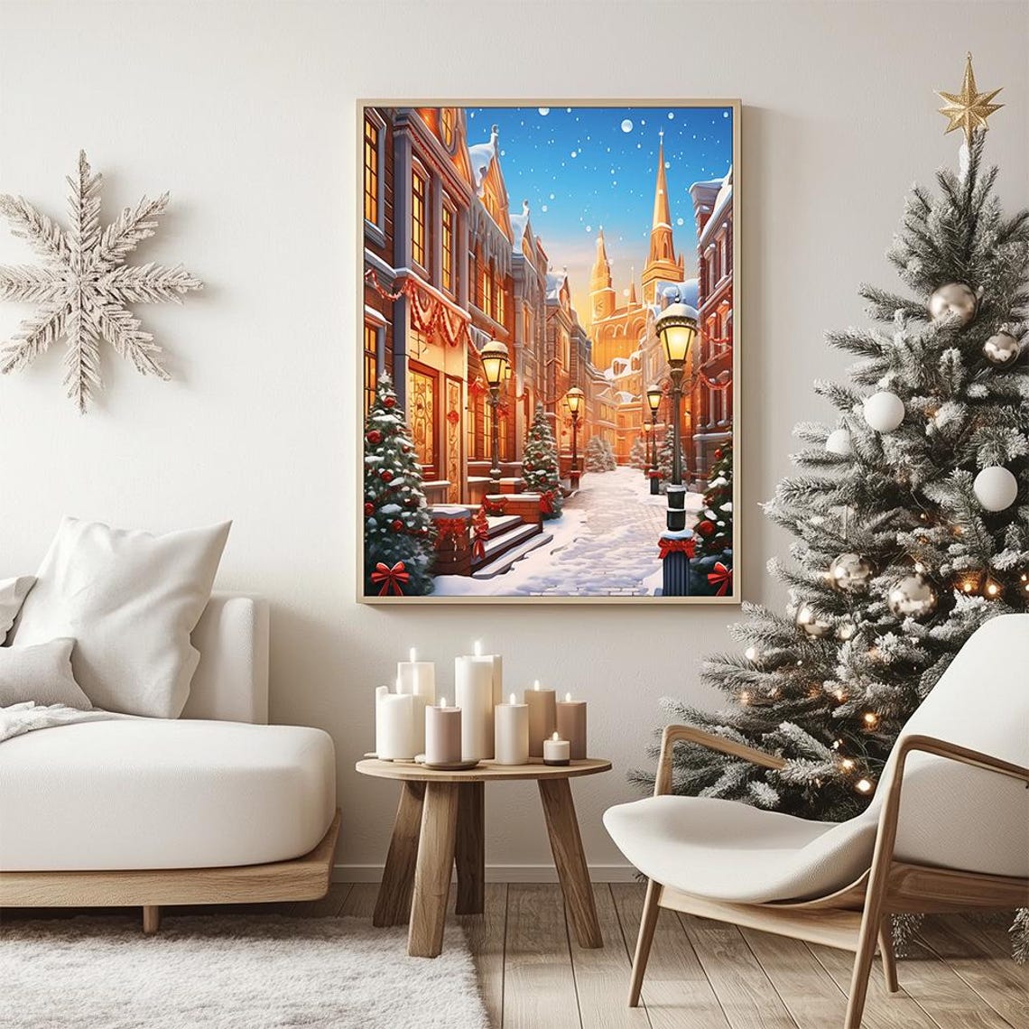 Festive Winter Street Snowy Christmas Town Lamplight Cathedral Poster - Image 2