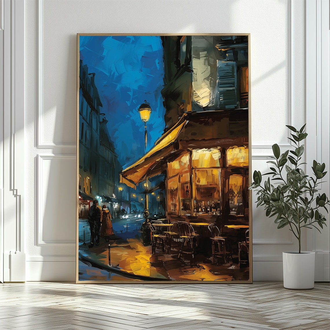 Street Cafe In City At Night Poster Urban Scene With City Lights And Street Lamps Bar In Winter Street View Wall Print - Image 3