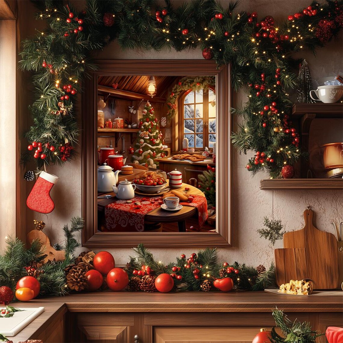 Cozy Christmas Kitchen Cottage Holiday Tea Time Painting Poster - Image 3