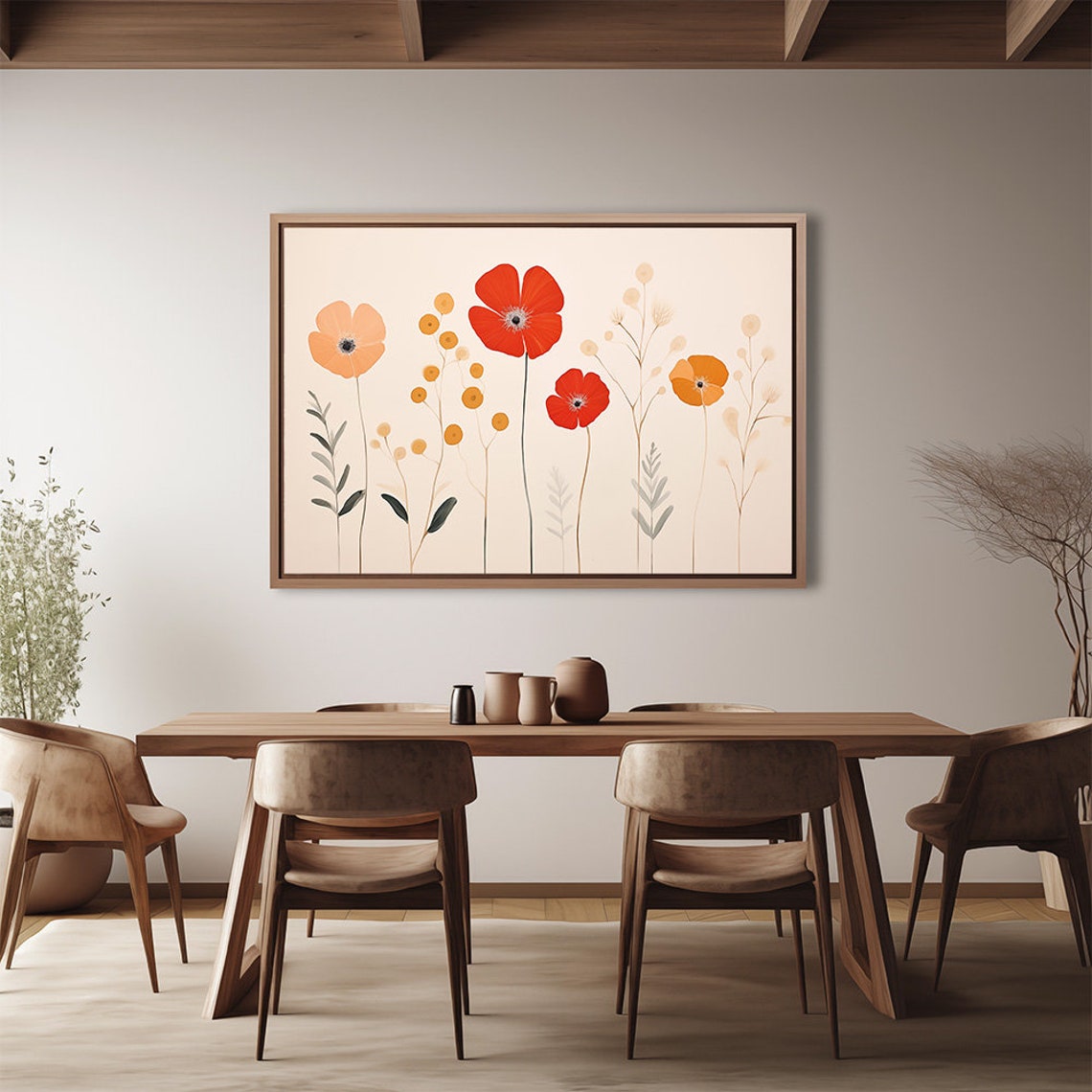 Minimal Red Poppy Wildflower Meadow On Cream Scandinavian Style Poster - Image 3