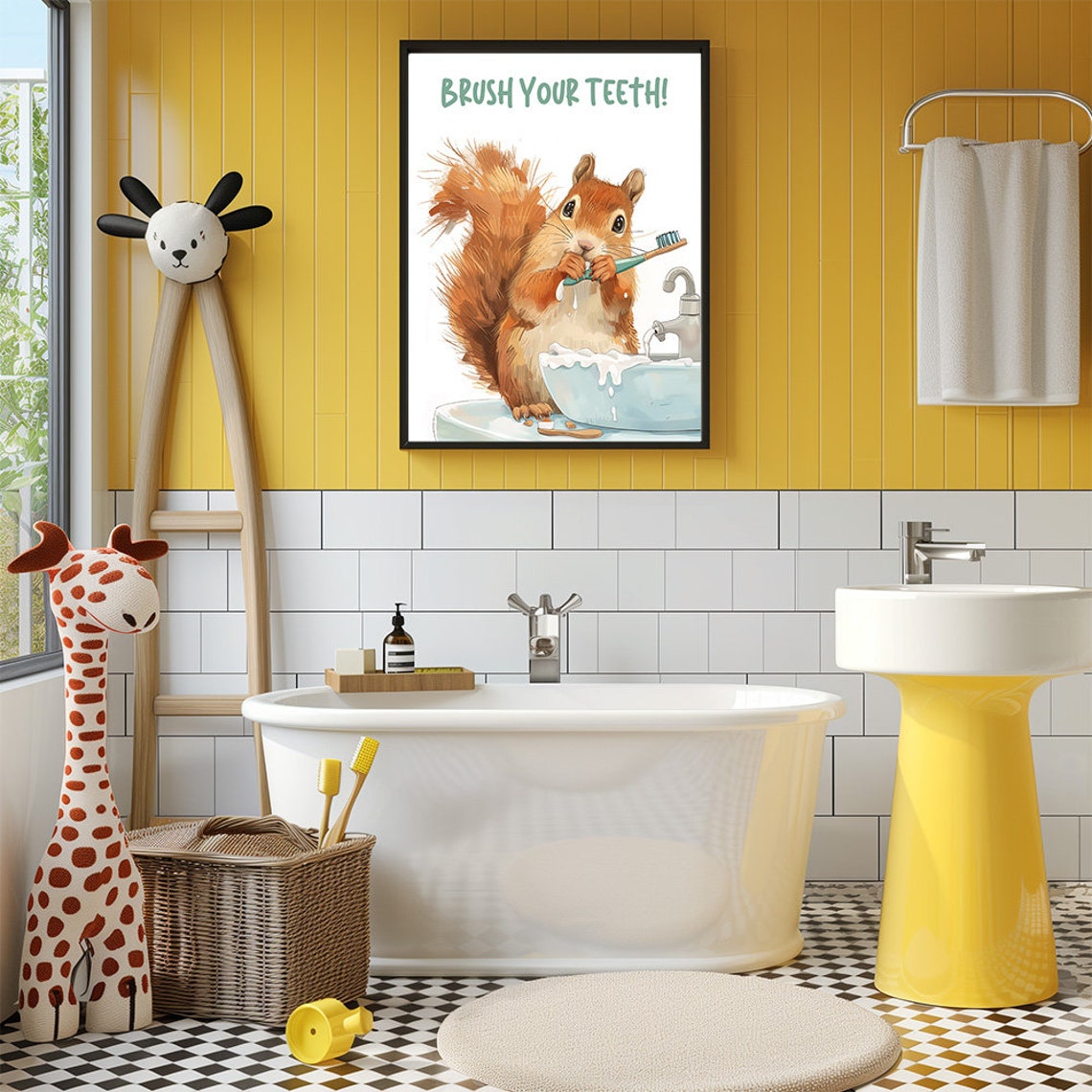Cute Squirrel Brushing Teeth Bathroom Print Kids Bathroom Or Preschool Poster Brush Your Teeth Funny Animal Art Print - Image 2