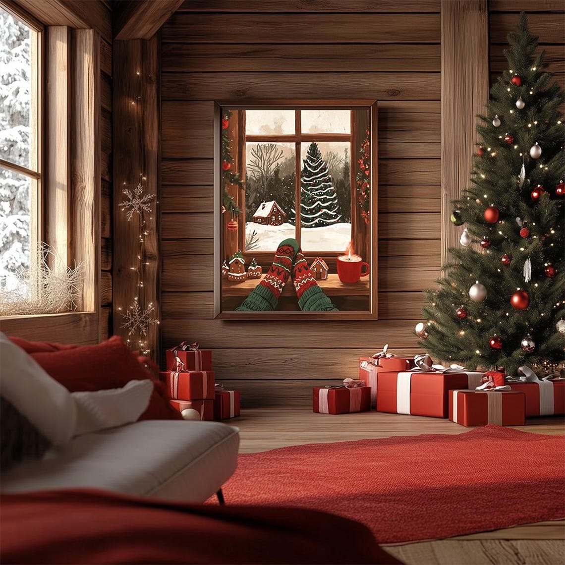Cozy Christmas Morning Window Poster With Festive Socks and Snowfall - Image 2
