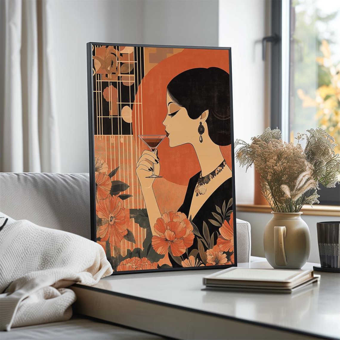 Art Deco Cocktail Lady Sipping Martini Among Blossoms Vintage Poster - Image 2