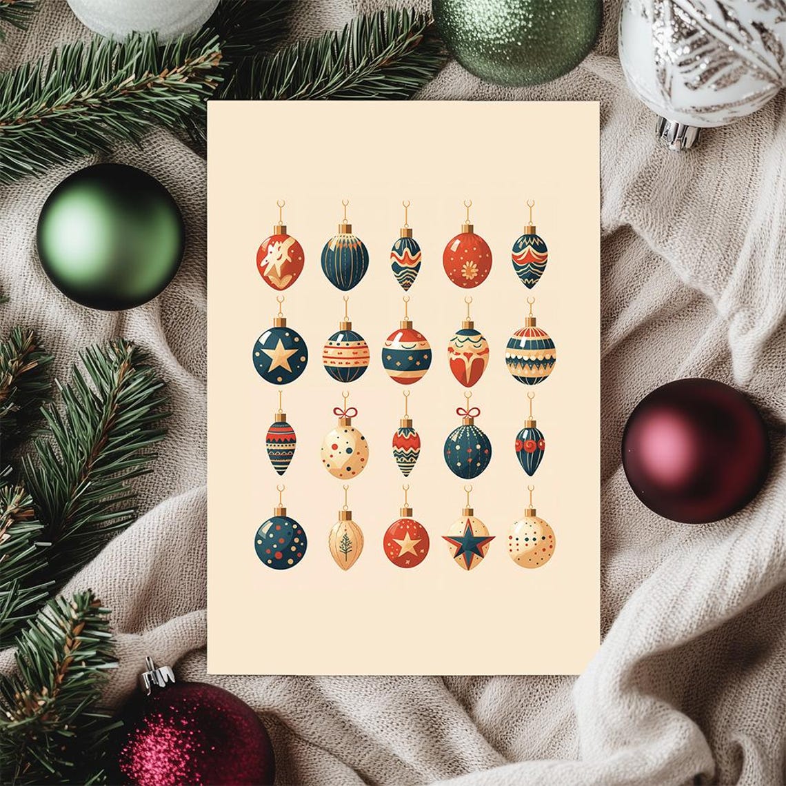 Scandinavian Christmas Tree Ornaments Retro Baubles Art Print - Image 3