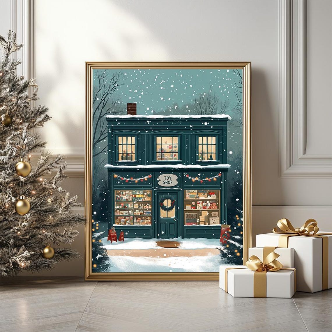 Snowy Toy Shop Storefront Evening Winter Night Scene Painting Poster