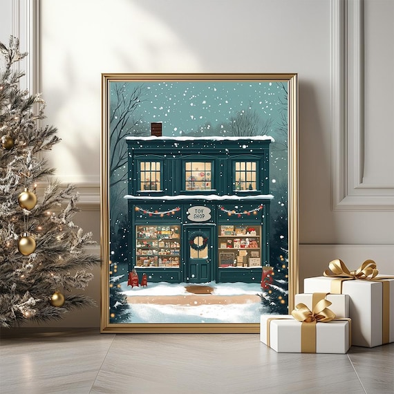 Snowy Toy Shop Storefront Evening Winter Night Scene Painting Poster