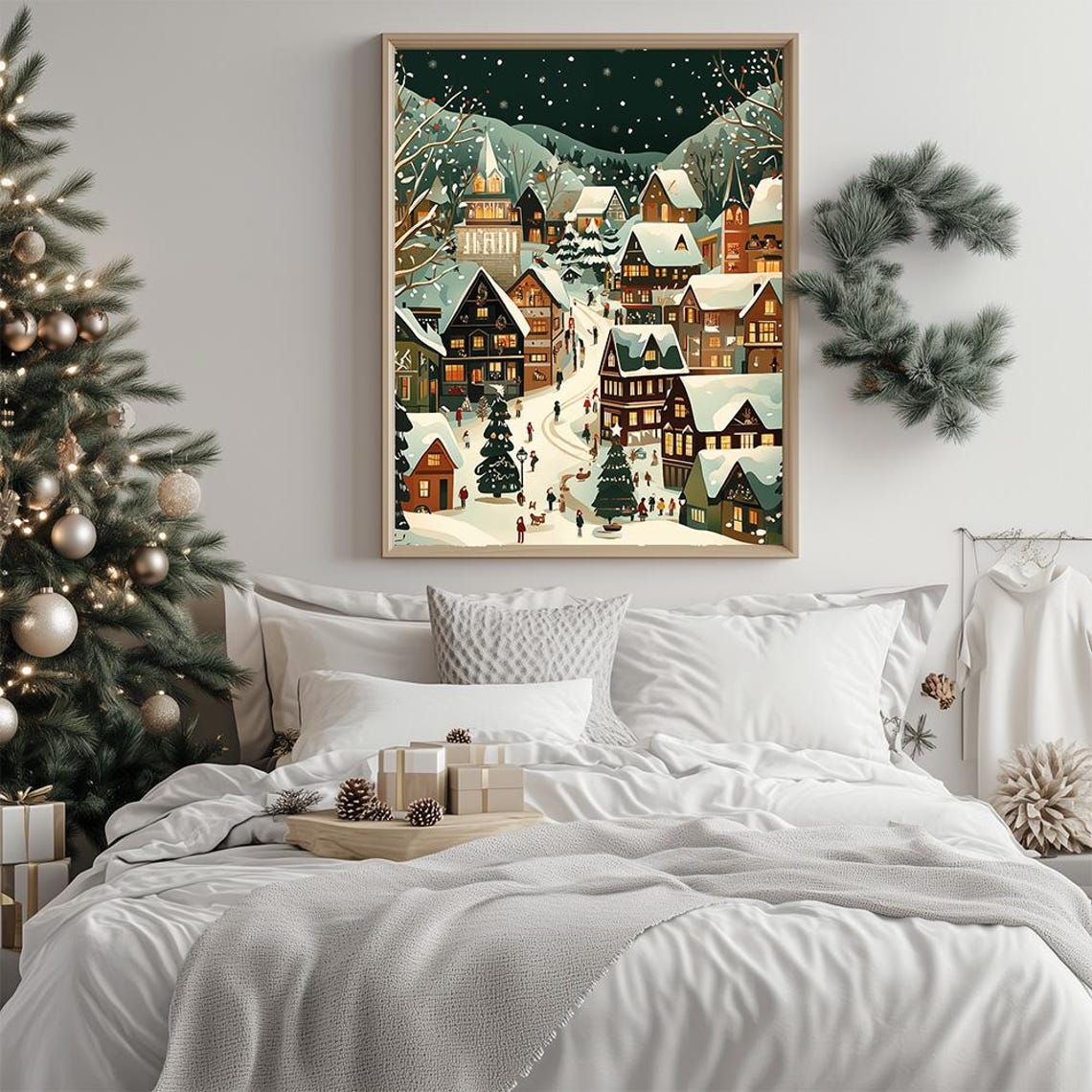 Snowy Christmas Village at Night Festive Holiday Town Poster - Image 2