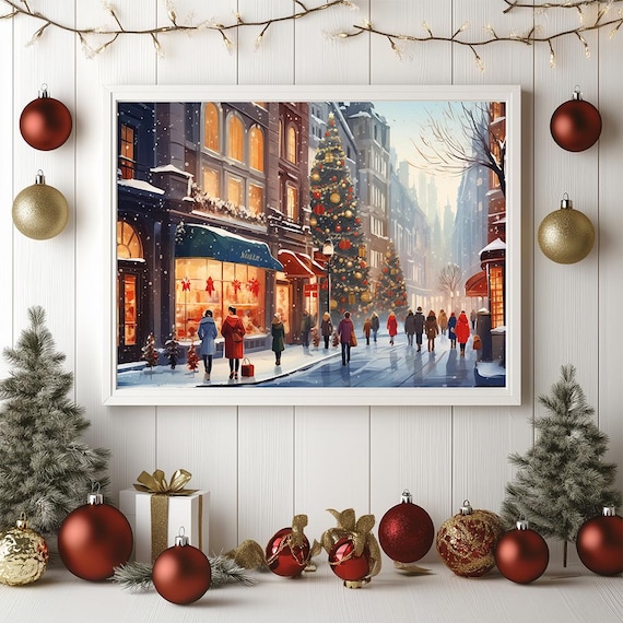 Snowy Christmas Shopping Street European Holiday Scene Poster