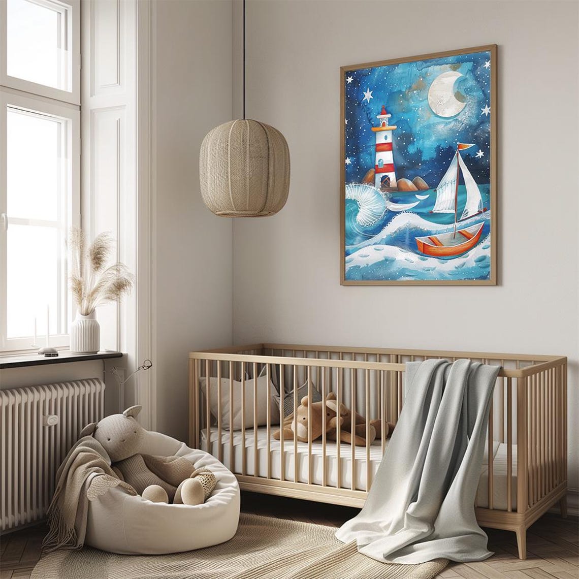 Lighthouse And Sailboat Under Starry Night Sky Nursery Poster - Image 2
