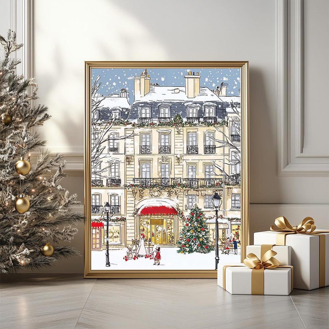 Parisian Building Christmas Snow Illustration Holiday Wall Art